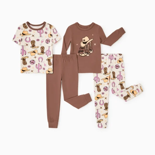 Toddler / Kids 4-piece Organic Cotton Pajamas 4-in 1 Snug fit PaJama Set for Girls